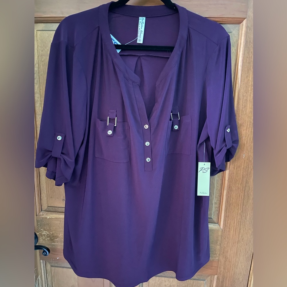 PS Paul Smith Deep Purple V-Neck Roll-Tab Sleeve Tunic